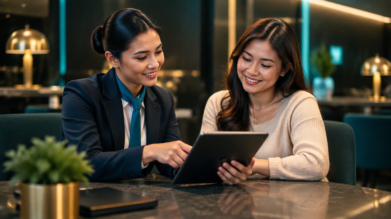 A bank officer and a customer looking at a tablet together