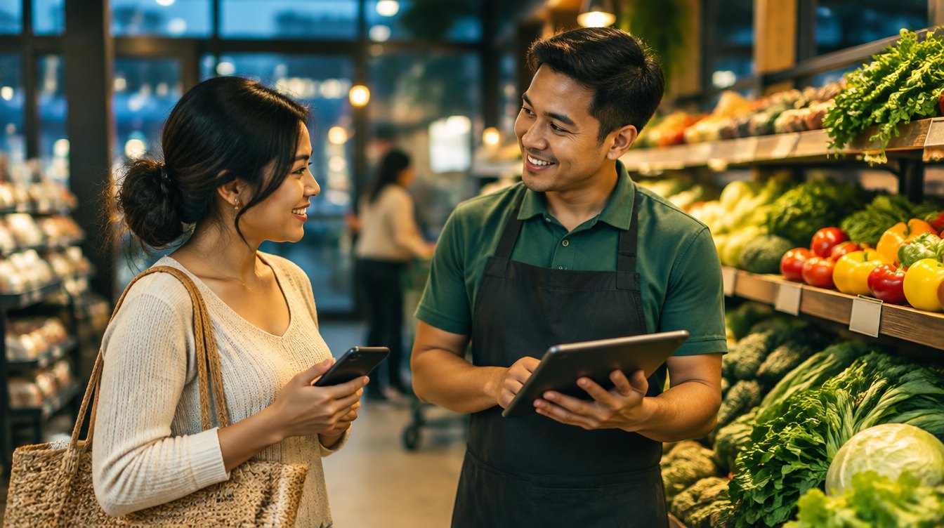 A store manager with a tablet talking to a shopper