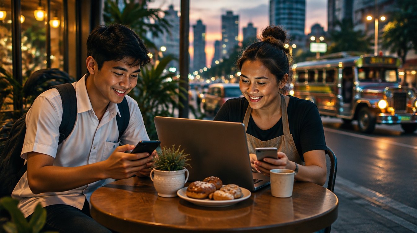 A student and a bakery owner using their phones at a cafe